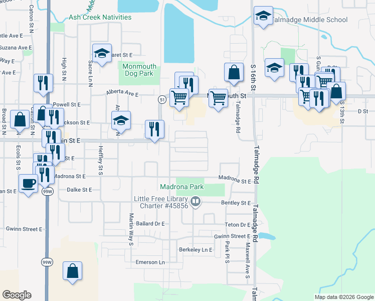 map of restaurants, bars, coffee shops, grocery stores, and more near 151 Edwards Road in Monmouth