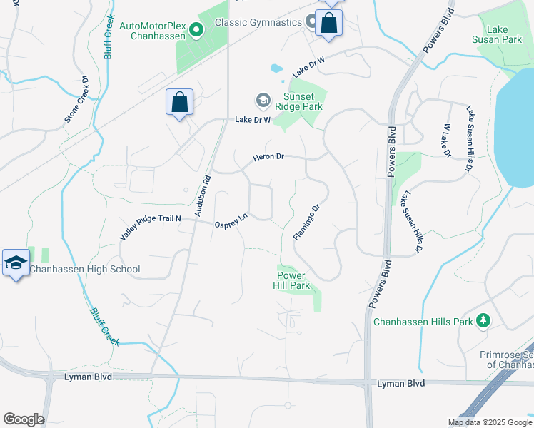 map of restaurants, bars, coffee shops, grocery stores, and more near 1563 Bluebill Trail in Chanhassen