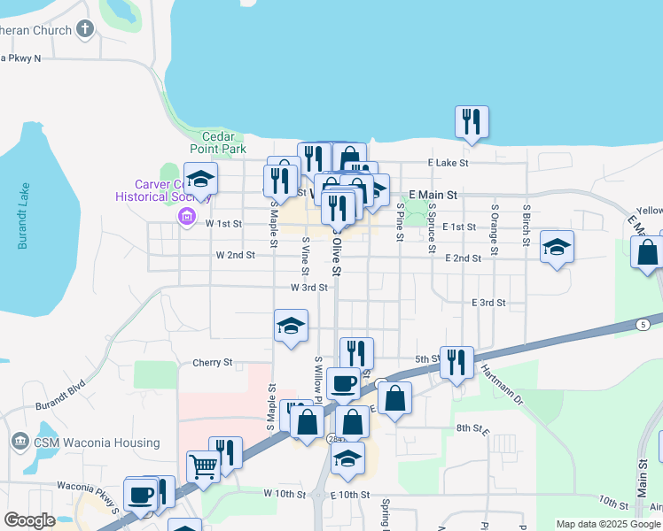 map of restaurants, bars, coffee shops, grocery stores, and more near 200 South Olive Street in Waconia