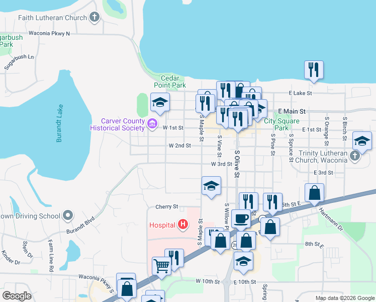 map of restaurants, bars, coffee shops, grocery stores, and more near 340 West 2nd Street in Waconia