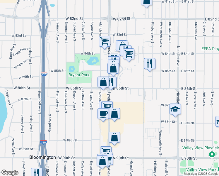 map of restaurants, bars, coffee shops, grocery stores, and more near 8599 Lyndale Avenue South in Bloomington