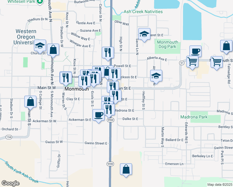 map of restaurants, bars, coffee shops, grocery stores, and more near 701 Main Street East in Monmouth