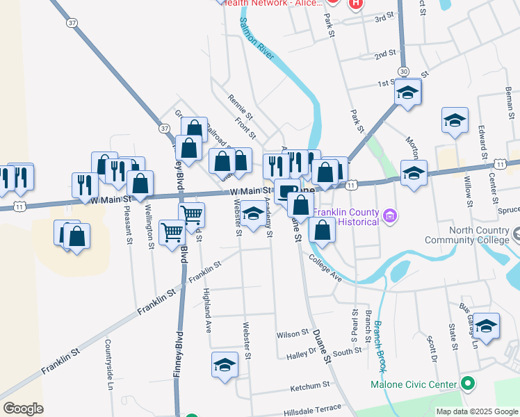 map of restaurants, bars, coffee shops, grocery stores, and more near 340 West Main Street in Malone