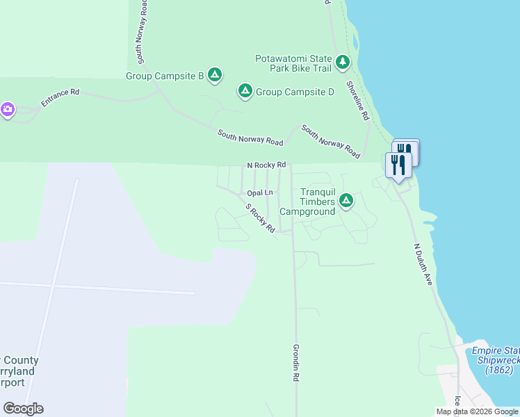map of restaurants, bars, coffee shops, grocery stores, and more near 6577 Opal Lane in Sturgeon Bay