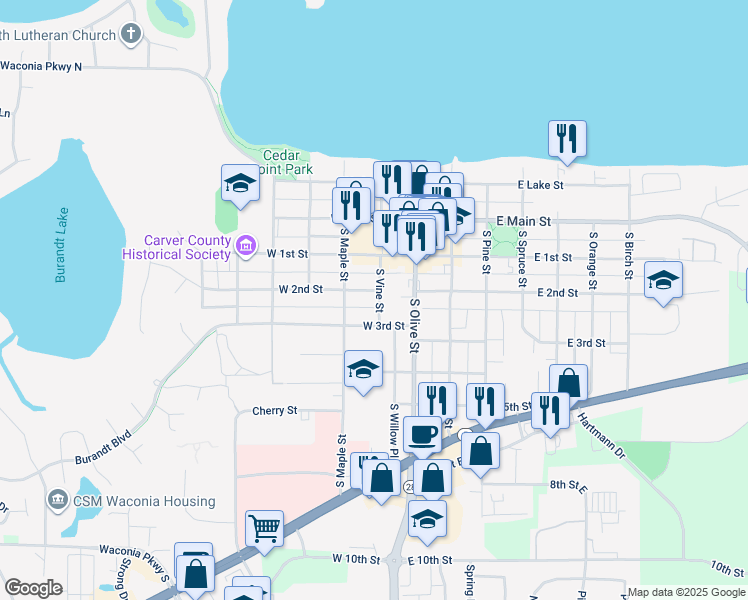 map of restaurants, bars, coffee shops, grocery stores, and more near 209 West 1st Street in Waconia