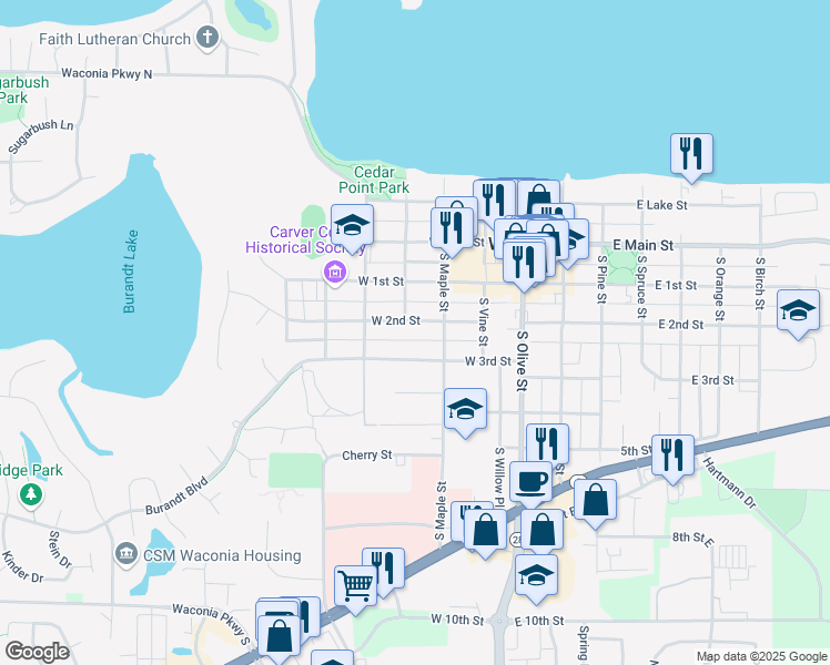 map of restaurants, bars, coffee shops, grocery stores, and more near 340 West 2nd Street in Waconia