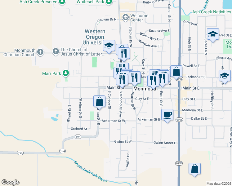 map of restaurants, bars, coffee shops, grocery stores, and more near 144 South Monmouth Avenue in Monmouth