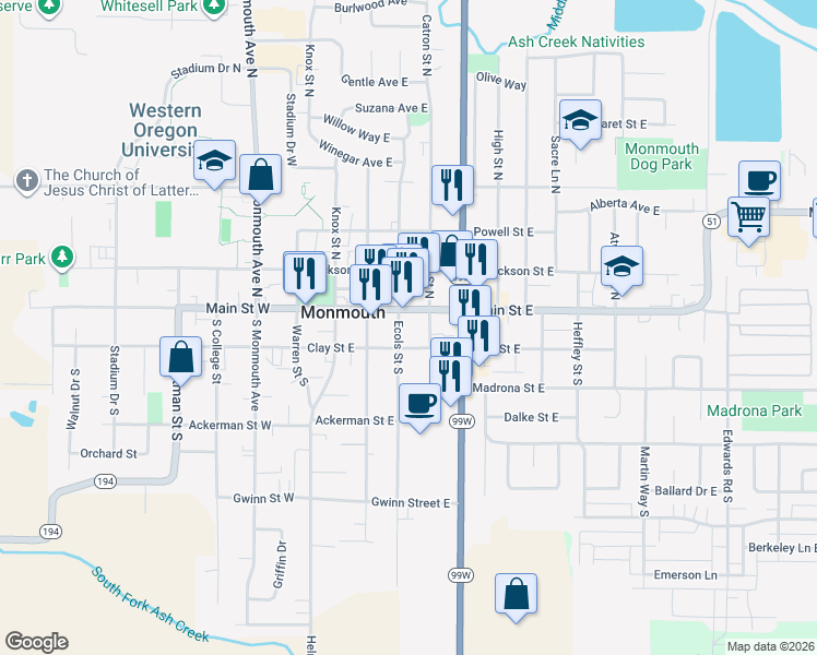 map of restaurants, bars, coffee shops, grocery stores, and more near in Monmouth