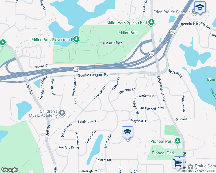 map of restaurants, bars, coffee shops, grocery stores, and more near 16908 Hanover Lane in Eden Prairie