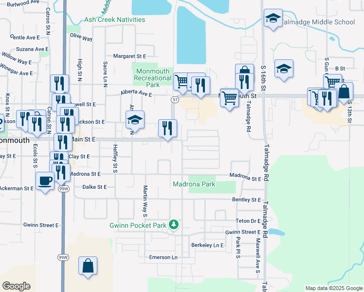 map of restaurants, bars, coffee shops, grocery stores, and more near 151 Edwards Road in Monmouth