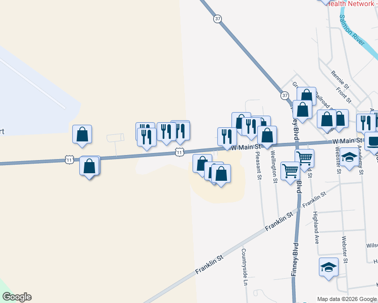 map of restaurants, bars, coffee shops, grocery stores, and more near 211 West Main Street in Malone