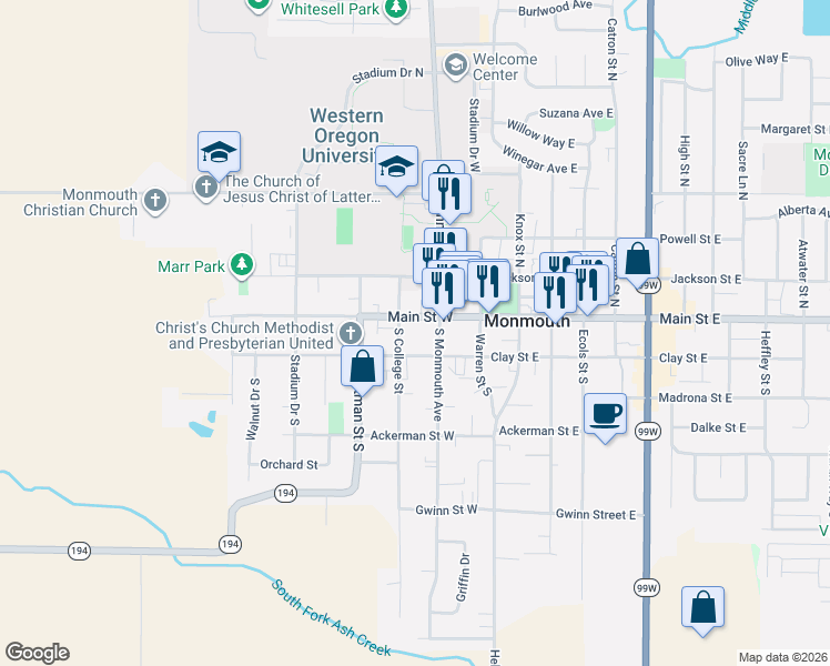 map of restaurants, bars, coffee shops, grocery stores, and more near 261 Main Street East in Monmouth
