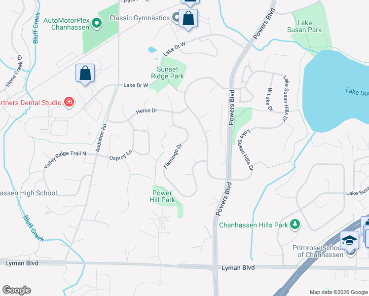 map of restaurants, bars, coffee shops, grocery stores, and more near 8590 Flamingo Drive in Chanhassen