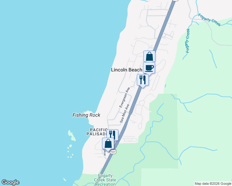 map of restaurants, bars, coffee shops, grocery stores, and more near 3999 Lincoln Ave in Depoe Bay