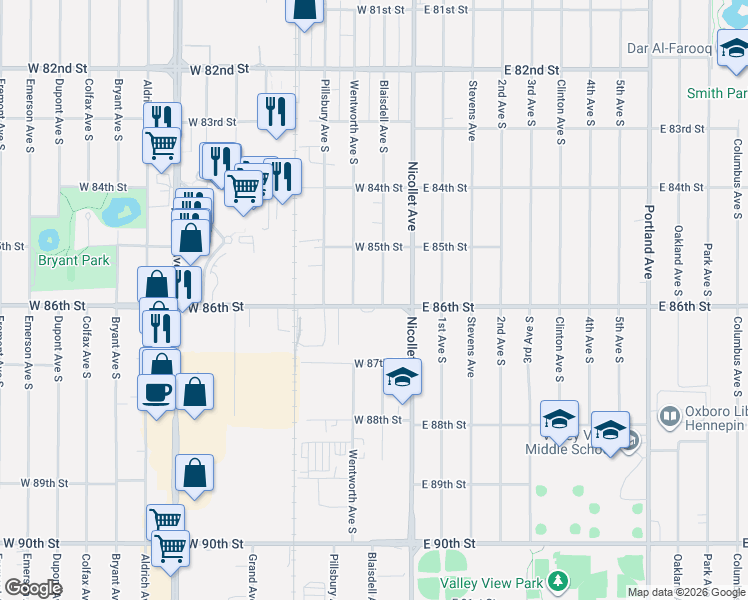 map of restaurants, bars, coffee shops, grocery stores, and more near 8531 Wentworth Avenue South in Minneapolis