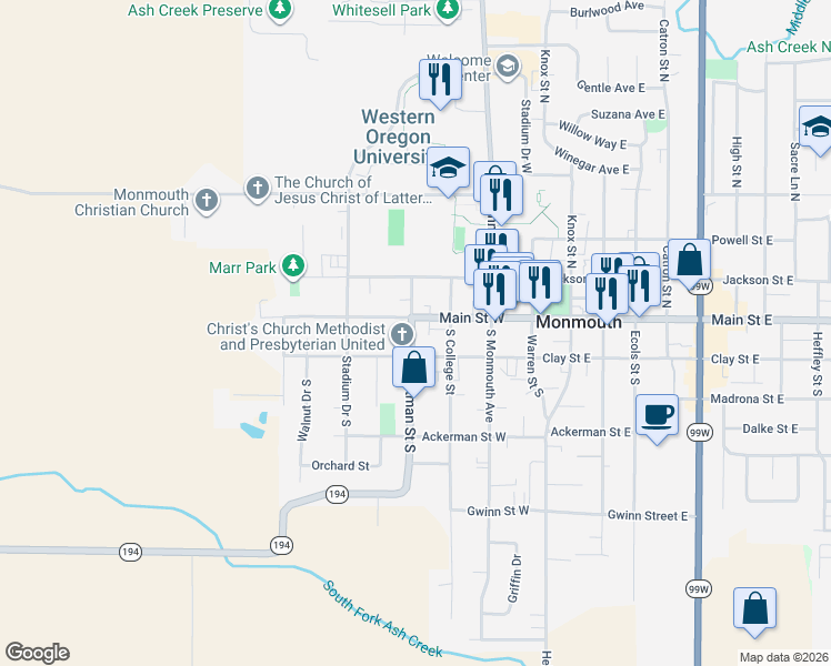 map of restaurants, bars, coffee shops, grocery stores, and more near 160 Whitman Street North in Monmouth