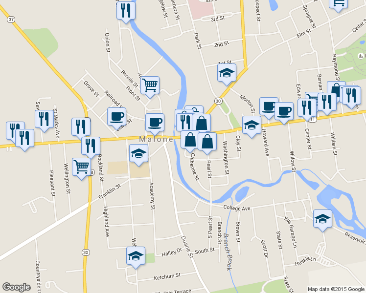 map of restaurants, bars, coffee shops, grocery stores, and more near 21 Mill Street in Malone