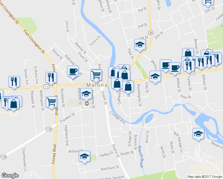 map of restaurants, bars, coffee shops, grocery stores, and more near 23 Mill Street in Malone