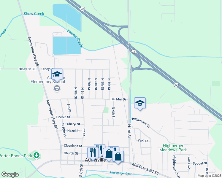 map of restaurants, bars, coffee shops, grocery stores, and more near 850 North 4th Street in Aumsville