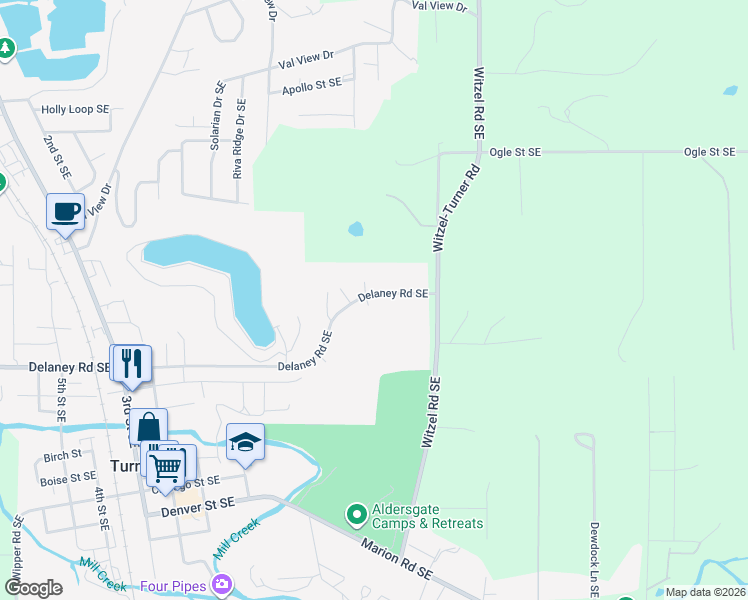 map of restaurants, bars, coffee shops, grocery stores, and more near 5800 Delaney Road Southeast in Turner