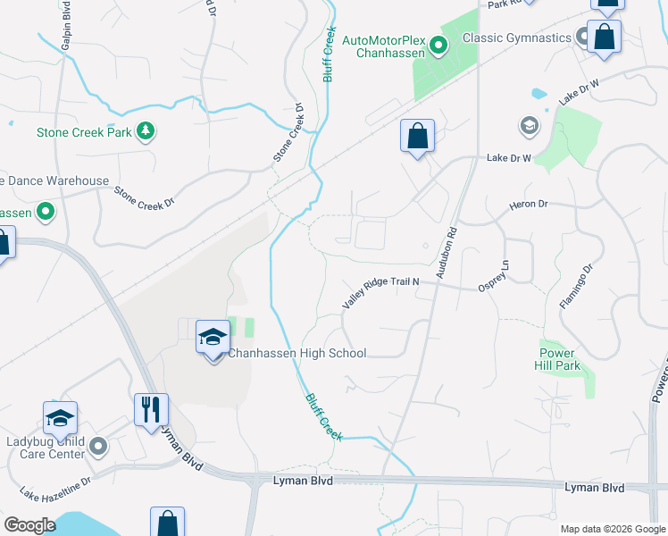 map of restaurants, bars, coffee shops, grocery stores, and more near 8610 Valley View Court in Chanhassen