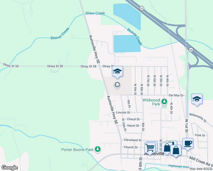 map of restaurants, bars, coffee shops, grocery stores, and more near 599 Aumsville Hwy SE in Aumsville