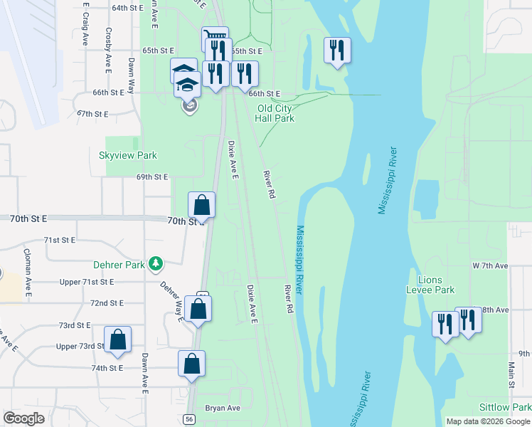 map of restaurants, bars, coffee shops, grocery stores, and more near 6969 River Road in Inver Grove Heights