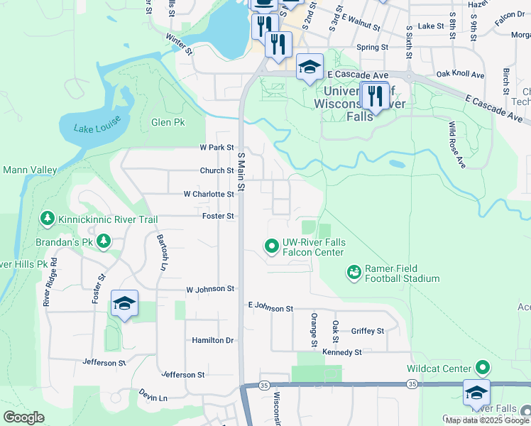map of restaurants, bars, coffee shops, grocery stores, and more near 919 Sycamore Street in River Falls
