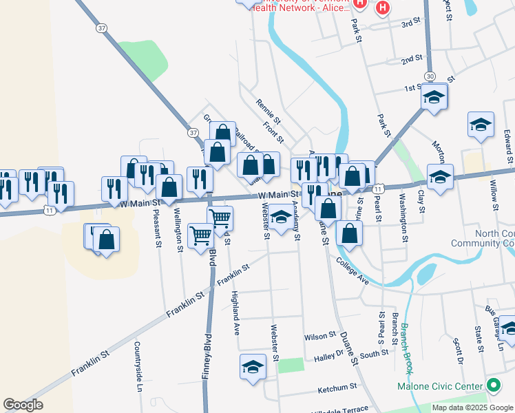 map of restaurants, bars, coffee shops, grocery stores, and more near 116 West Main Street in Malone