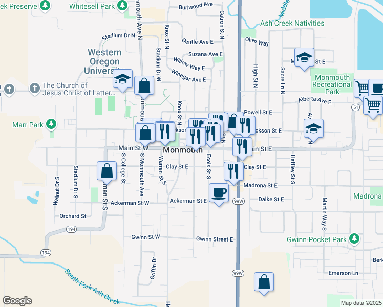 map of restaurants, bars, coffee shops, grocery stores, and more near 295 Main Street East in Monmouth
