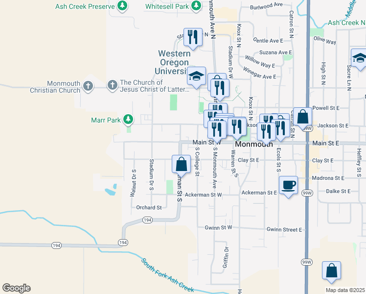 map of restaurants, bars, coffee shops, grocery stores, and more near 375 Main Street West in Monmouth
