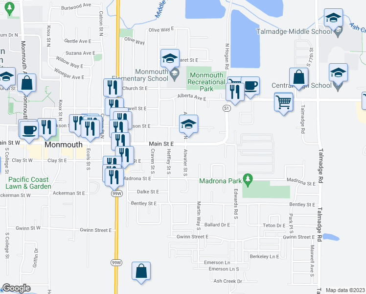 map of restaurants, bars, coffee shops, grocery stores, and more near 122 Atwater Street South in Monmouth