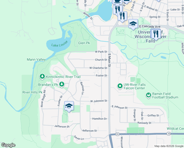 map of restaurants, bars, coffee shops, grocery stores, and more near 245 Foster Street in River Falls