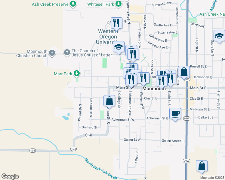 map of restaurants, bars, coffee shops, grocery stores, and more near 375 Main Street West in Monmouth