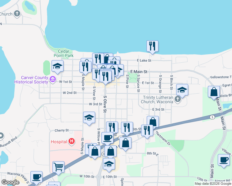 map of restaurants, bars, coffee shops, grocery stores, and more near 141 South Elm Street in Waconia