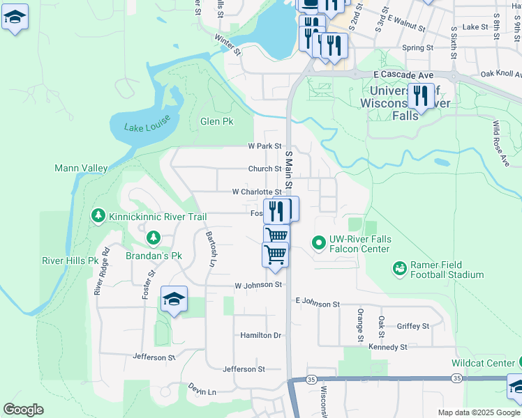 map of restaurants, bars, coffee shops, grocery stores, and more near 207 Foster Street in River Falls