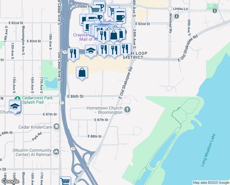 map of restaurants, bars, coffee shops, grocery stores, and more near 2224 East 86th Street in Bloomington