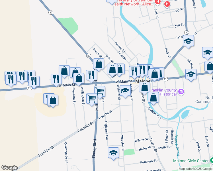 map of restaurants, bars, coffee shops, grocery stores, and more near 134-140 New York State Bicycle Route 11 in Malone