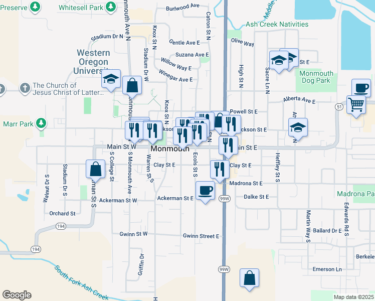 map of restaurants, bars, coffee shops, grocery stores, and more near 343 Main Street East in Monmouth
