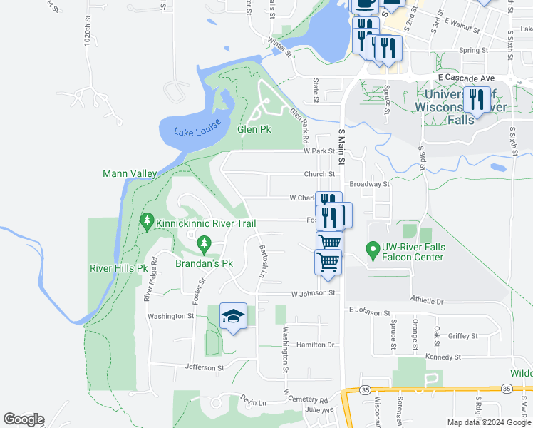 map of restaurants, bars, coffee shops, grocery stores, and more near 355 Foster Street in River Falls