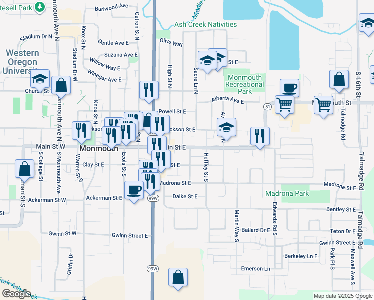 map of restaurants, bars, coffee shops, grocery stores, and more near 110 Craven Street South in Monmouth