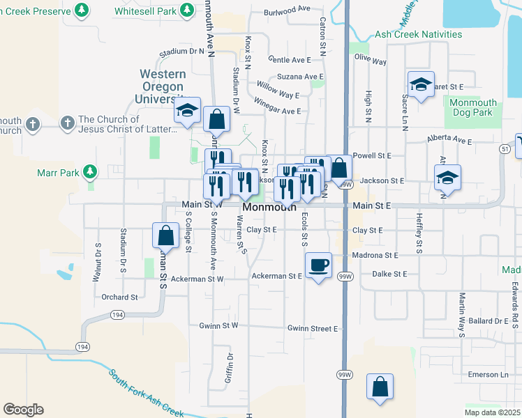 map of restaurants, bars, coffee shops, grocery stores, and more near in Monmouth