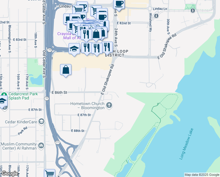 map of restaurants, bars, coffee shops, grocery stores, and more near 2300 East 86th Street in Bloomington