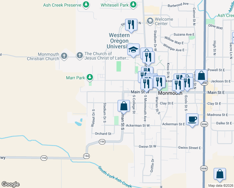 map of restaurants, bars, coffee shops, grocery stores, and more near 471 Main Street West in Monmouth