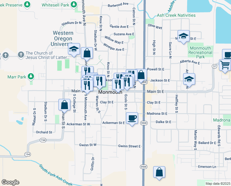 map of restaurants, bars, coffee shops, grocery stores, and more near 295 Main Street East in Monmouth