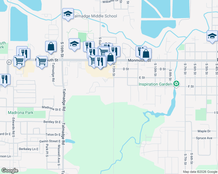 map of restaurants, bars, coffee shops, grocery stores, and more near 1371 F Street in Independence