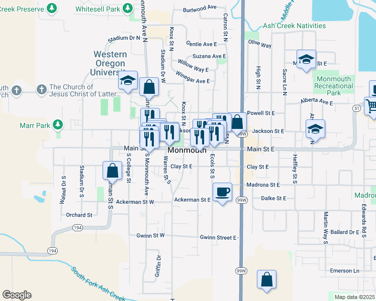 map of restaurants, bars, coffee shops, grocery stores, and more near in Monmouth
