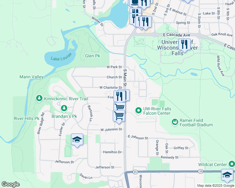 map of restaurants, bars, coffee shops, grocery stores, and more near 207 Foster Street in River Falls