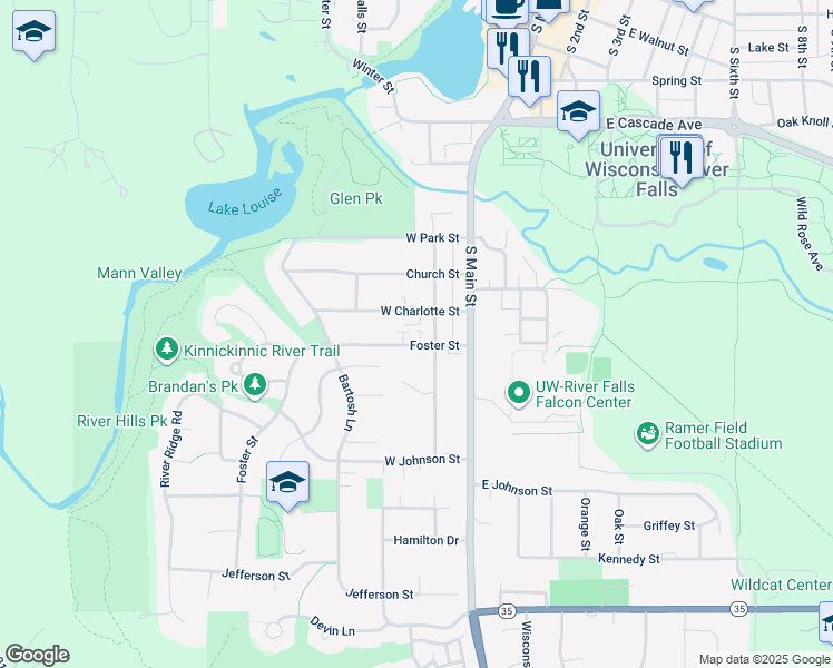 map of restaurants, bars, coffee shops, grocery stores, and more near 207 Foster Street in River Falls