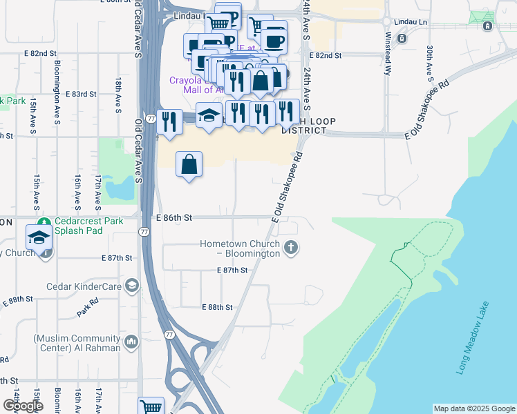 map of restaurants, bars, coffee shops, grocery stores, and more near 2224 East 86th Street in Bloomington